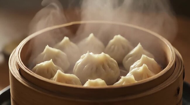 Steaming hot dim sum dumplings in a traditional bamboo basket video footage motion clip