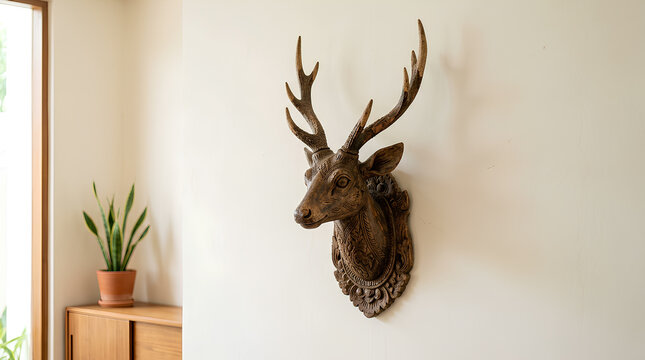 Ornate hand carved wooden deer head sculpture wall mount decor