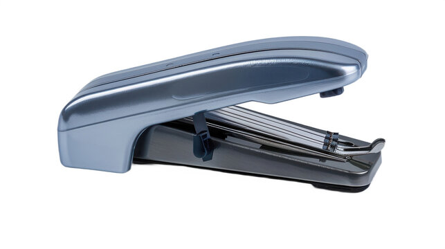 Stapler in metallic blue finish sits slightly open against a neutral transparent background in a clean studio setting for business stationery.