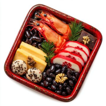 New Year osechi ryori with red and white kamaboko isolated on a white background