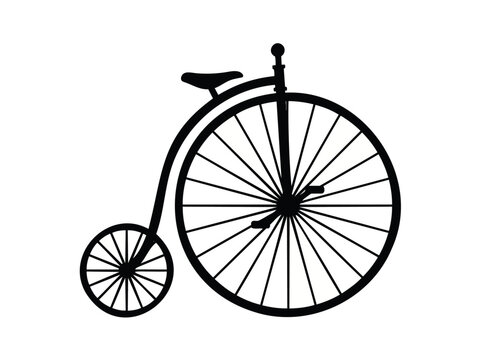 Black silhouette of a vintage penny farthing bicycle isolated on white background