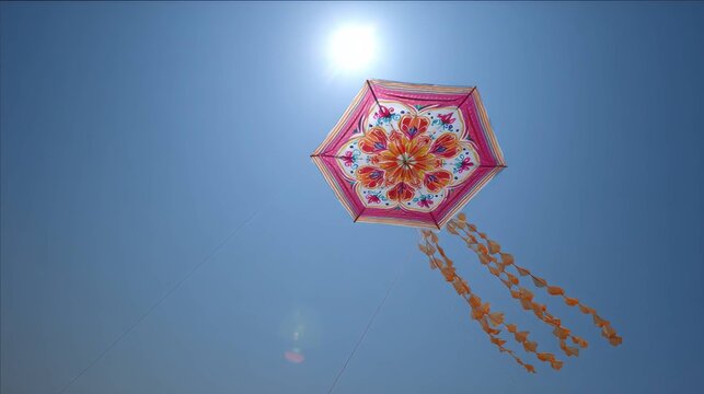 Beautifully decorated hexagonal kite with floral patterns soaring high in a clear blue sky under the bright sun