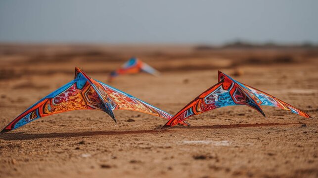 High-performance racing kites with aerodynamic fins on sandy desert ground