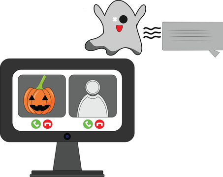Cute Halloween themed illustration of a ghost and a pumpkin during a virtual video call on a computer monitor