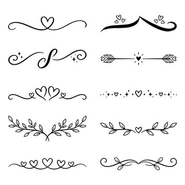 Cute Romantic Heart And Floral Text Dividers Line Art Doodle Set