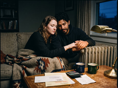 man and woman sitting on a sofa under a blanket near a radiator holding hands next to a final notice utility bill calculator and coffee mugs on the table