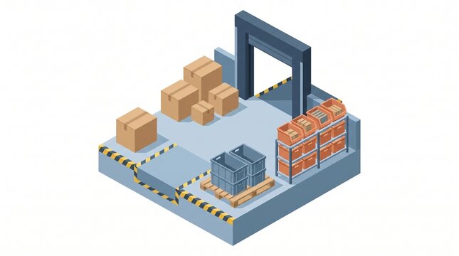 Isometric warehouse receiving area with cardboard boxes and storage