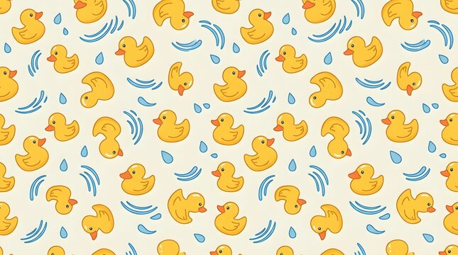Seamless pattern featuring cute yellow rubber ducks and water splashes