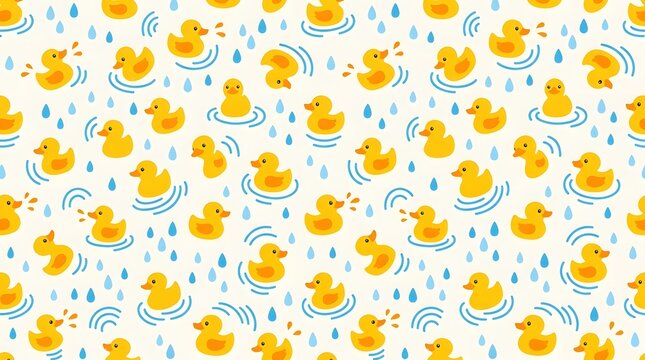 Seamless pattern featuring cute yellow rubber ducks with raindrops