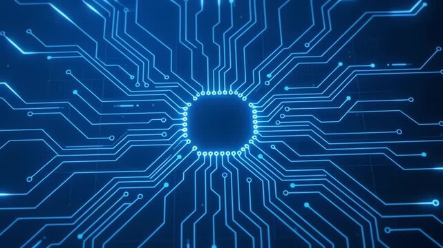 Futuristic blue circuit board background with glowing microprocessor chip and data streams
