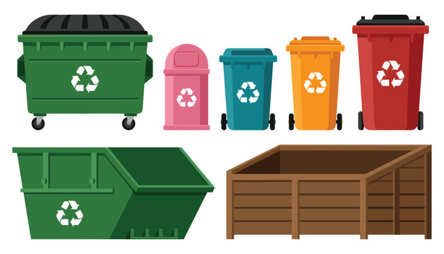 Set of colorful garbage recycling bins dumpsters skip and compost bin isolated on white background flat vector illustration