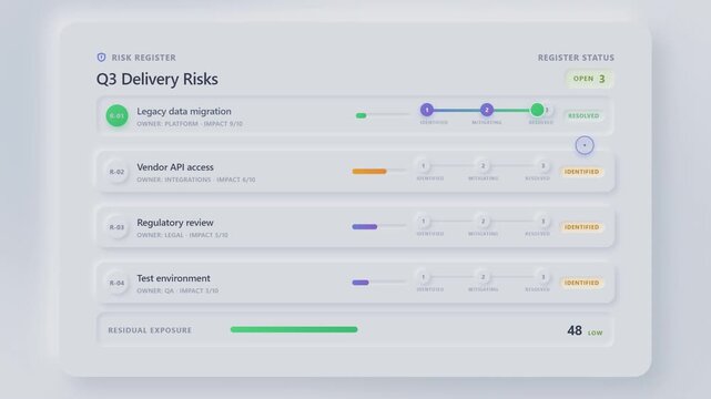 Digital risk register dashboard showing project management status updates and mitigation progress