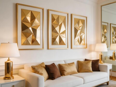 Modern living room with white sofa gold geometric wall art and matching table lamps