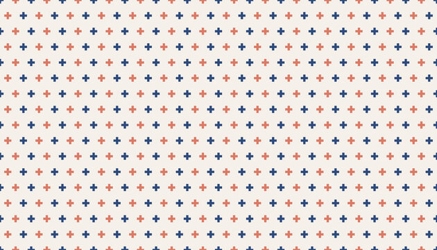 Seamless Scandinavian plus sign pattern in navy and coral on off white