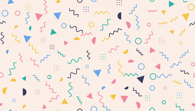 Seamless Memphis style pattern with squiggles triangles and dots in 80s colors