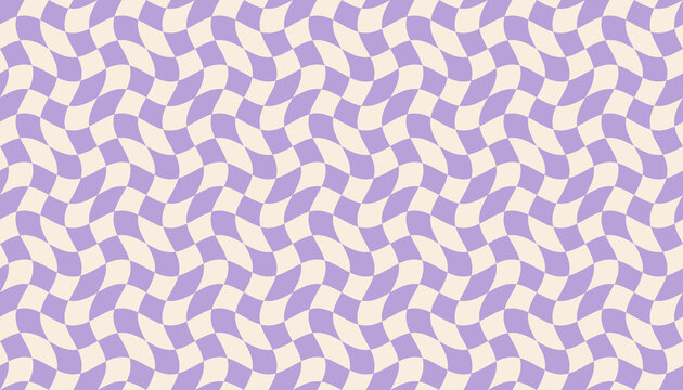 Seamless groovy warped checkerboard pattern in lilac and cream