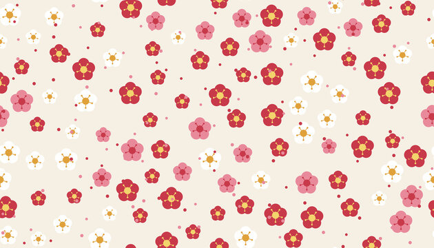 Seamless Japanese plum blossom pattern in red pink and white on cream