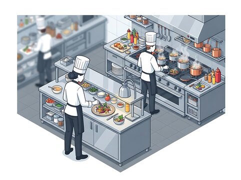 Isometric Chefs Working Together in Kitchen &ndash; Culinary Brigade Scene Illustration
