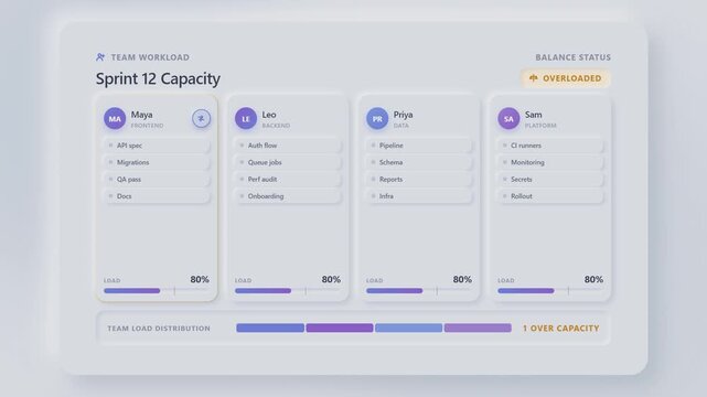 Digital dashboard interface showing team workload capacity and sprint task distribution metrics