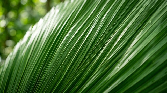 Macro close-up image of a green palm leaf showing detailed pleated texture, parallel veins, and natural patterns