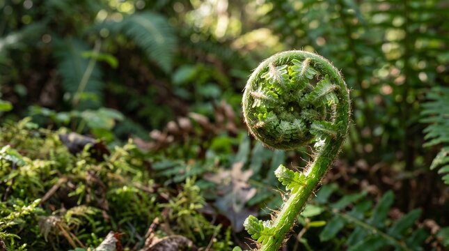 Macro close-up image of a young unfolding fern fiddlehead (Polypodiopsida) growing in a lush forest, showing spiral pattern and natural texture
