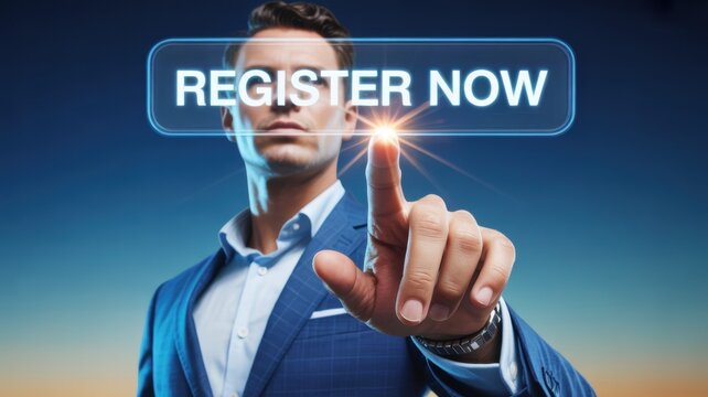 A professional man in a business suit touches a glowing digital register now button on a screen with businessman suit interacts