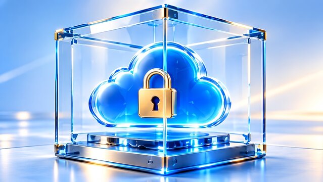 Secure cloud storage concept with glowing digital padlock inside transparent server cube