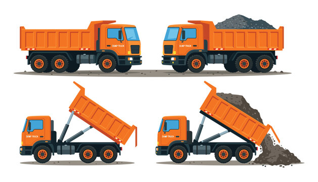 Orange heavy dump truck vector illustration set showing empty loaded and unloading positions isolated on white background