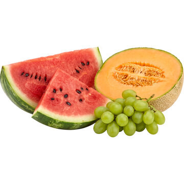 Fresh watermelon wedges, halved cantaloupe melon and green grape bunch, summer fruit platter for Ramadan iftar
