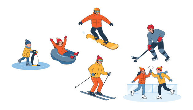 Collection of people enjoying winter sports and outdoor activities including skiing, snowboarding, ice skating, and tubing isolated on white background