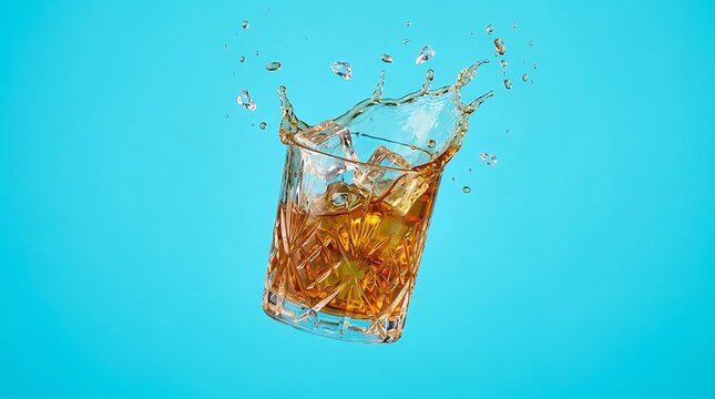 Amber cocktail with ice cubes splashing dynamically in a crystal glass