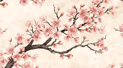 Fototapeta premium Beautiful watercolor cherry blossoms with natural branches and buds.