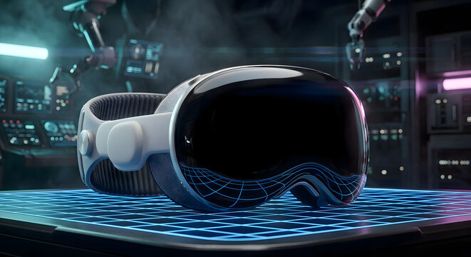 Blank black glass visor mockup on luxury VR AR spatial computing headset resting on glowing neon grid table in futuristic dark cyberpunk laboratory environment