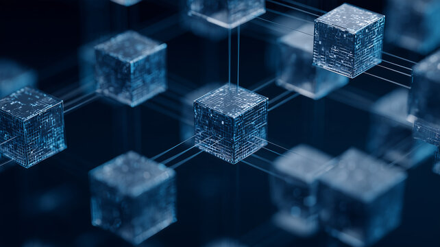 Connected digital cubes form a blockchain network representing decentralized data exchange and secure distributed technology.
