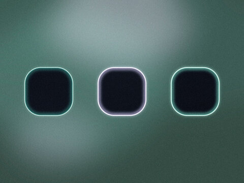 Three softly glowing neon-outlined buttons float on a dark teal gradient, creating a futuristic, calm interface backdrop for tech presentations or apps.