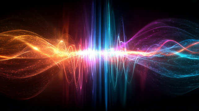 Flowing luminous waves form an abstract signal pattern representing digital communication and energy transmission technology.
