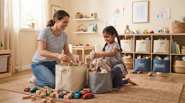 Mother and daughter organizing toys in a brightly lit playroom