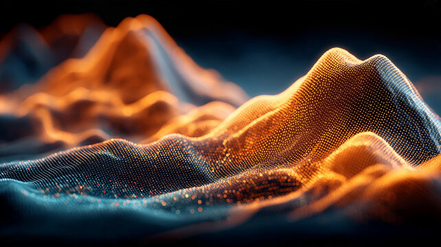 A flowing field of digital particles forms an abstract data landscape representing analytics and complex information patterns.
