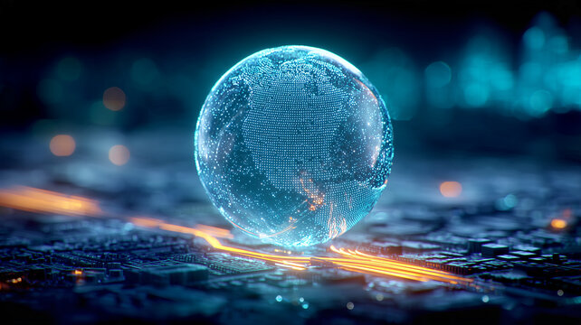 A digital globe floating above a circuit board represents global connectivity and worldwide data communication.

