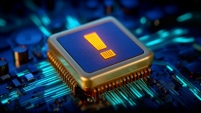 A microchip displaying an alert symbol represents hardware failure warnings and digital system security risks.

