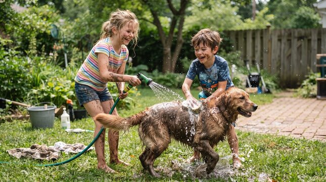 Two messy children joyfully washing a golden retriever dog in the backyard