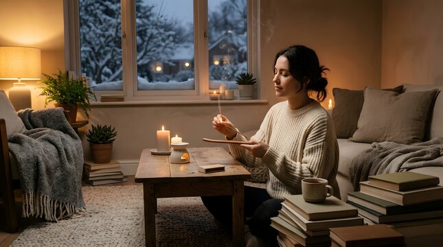 Young woman lighting incense in a cozy candlelit living room at winter