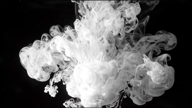 White liquid ink clouds swirling against a solid black background