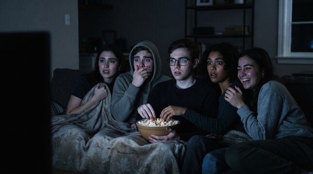 Group of friends watching a scary movie at night, reacting with fear and laughter