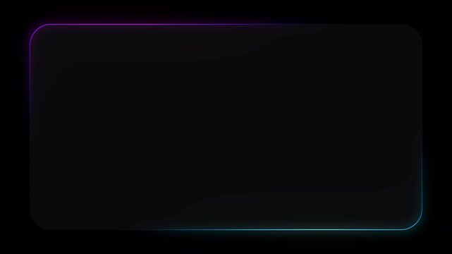 A modern neon glowing border animation featuring smooth cyan and purple gradient light strokes moving along a rounded rectangle frame. Designed on a dark card overlay backdrop for video frames, HUD