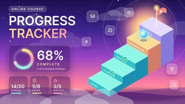 Isometric online course progress tracker animation showing percentage completion and module advancement on a dashboard