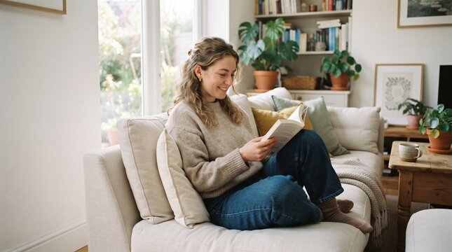 Young woman relaxing on a sofa reading a book indoors