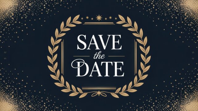 Elegant save the date announcement featuring gold laurel wreath frame on a dark blue background with laurel leaves sparkles