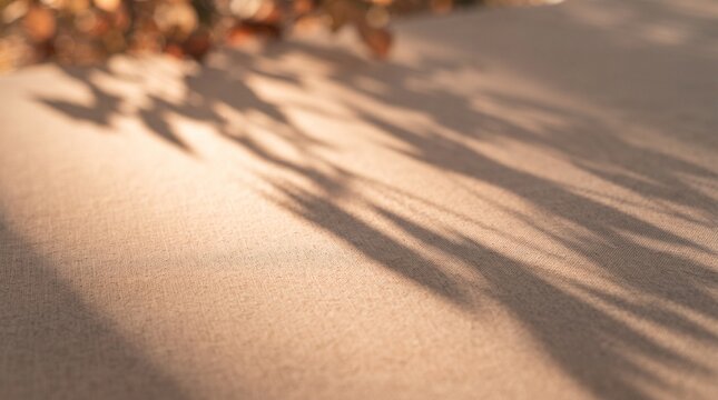 Warm sunlight leaf shadow texture on beige paper with long diagonal shadows, minimal natural background for eco branding, poster banner design, and copy space