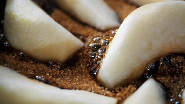 Macro close-up of pear slices caramelizing in brown sugar with bubbling syrup and melting sugar crystals during homemade dessert preparation.